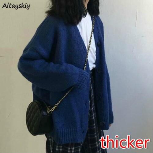 Sweaters Women Vintage Classic Ins Ulzzang Navy Knitwear Single Breasted Thick Holiday Outerwear All-match Cardigan Lady Clothes