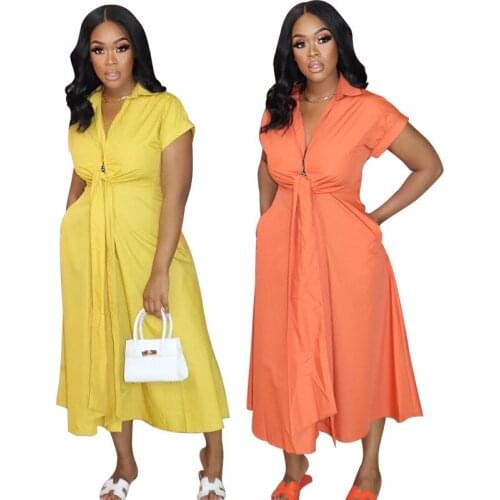Women Lapel Short Sleeve Yellow Dress Office Work Lady Vestidos Mid-Calf Casual Party Dress 2021 Fashion Summer Clothes Robe