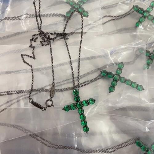 Pure 925 Sterling Silver Cross Charm Necklace Black Gun Jade Green Color AAA Zircon Collar Necklace Brand Jewelry for Women