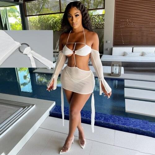 SKMY See-Through Dress Spring And Summer Solid Color Stitching Halterneck Womens Short Dress White Street Hipster Halter Dress