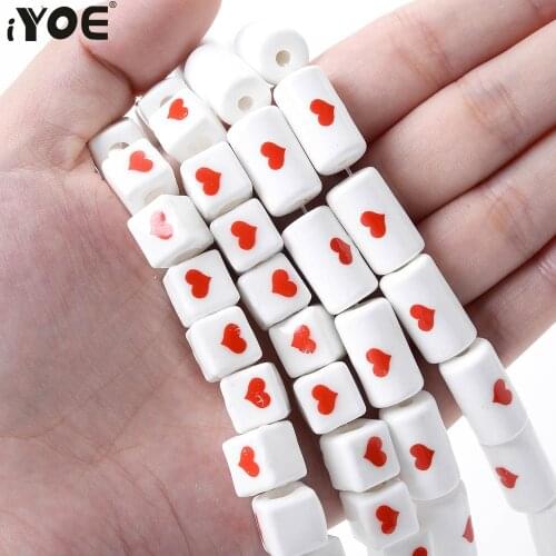 10pcs/Lot Red Heart Ceramic Beads Geometric Square Cylinder Shape Beads Loose Spacer Beads For Making Bracelet Jewelry Accessory