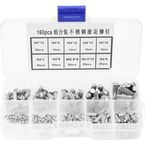 160Pcs M2-M5 Rivets Round Head Solid Knurled Shank Rivet Stainless Steel Rivet Nuts Set with Box Assortment Kit