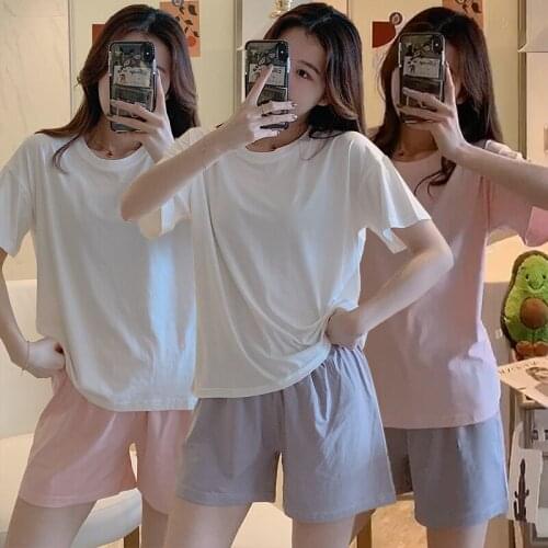 2021 Summer Short Sleeve Cotton Shorts Pajama Sets for Women Loose Thin Sleepwear Suit Pyjama Homewear Pijama Mujer Home Clothes