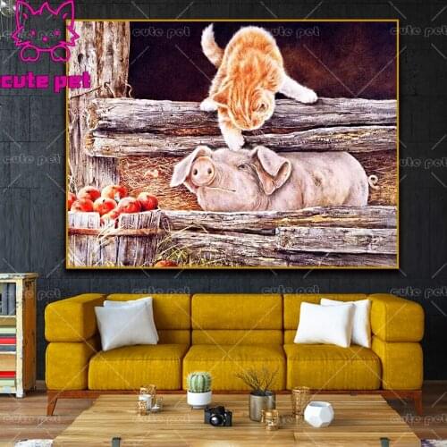 Needlework Animal cat and pig Diy Diamond Painting Cross Stitch Full Square round Diamond Embroidery Mosaic Crafts puzzle Decor