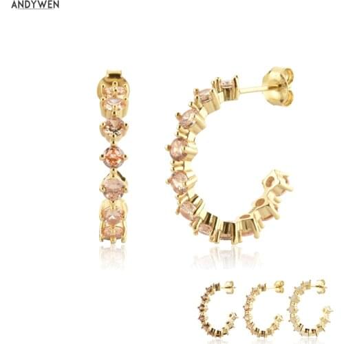 ANDYWEN 925 Sterling Silver Gold 15mm Champagne Piercing 15mm Luxury Jewelry Clips Pendiente Fine Jewelry Gift For Party Crystal