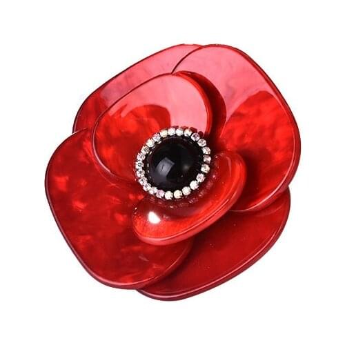 OI Bright Red Flower Brooches Acrylic Brooch Corsage Crystal Black Bead Brooch Hijab Pins Gold Color Collar Clip Women Men Gifts