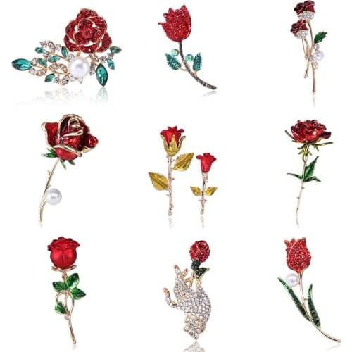 1Pcs New Rose Flower Enamel Safe Pin Pearl Rhinestone Alloy Metal Brooches For Women Beautiful Winter Design Fashion Brooch Gift