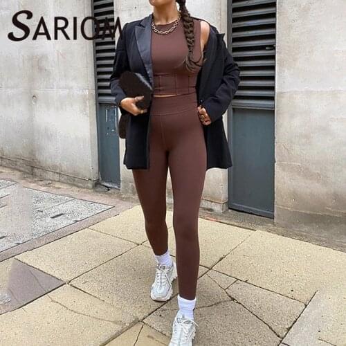 Brown Sleeveless Bustier Crop Top and Leggings Co Ord Set Women Fitness Workout Bodycon Matching Sets Ensemble Jogging Femme