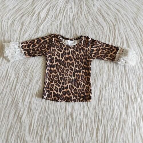 RTS Childrens Boutique Clothes Little Toddler Girls Ruffles Sleeve Lace Leopard long Sleeve Shirt O-Neck Tops