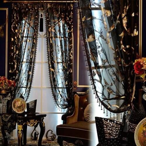 European Classical Luxury Curtain for Living Room Delicate Sheer Curtain Window Bedroom Black Voile Drape Blinds
