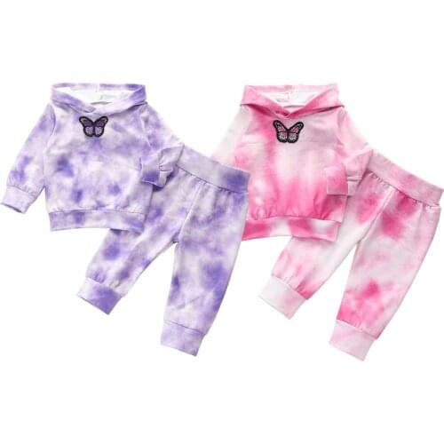 Toddler Baby Girls Boys Tie Dye Clothes 3d Butterfly Long Sleeve Tops Hooded Tops Sweatshirt Pants 2pcs Fall Winter 0-4 Years