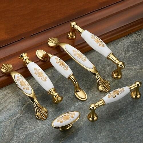JD Gold Flower Ceramic Cabinet Handles Zinc Alloy Drawer knobs Wardrobe Door Handles Fashion European Furniture Handle Hardware