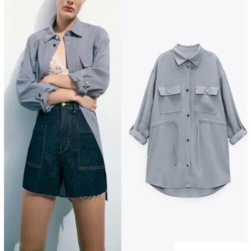 Summer Woman Shirt Jacket Za 2021 Chic Lapel Button Straps Cuff Shirts Casual Patch Pocket Draestring Waist Flowy Jackets Female