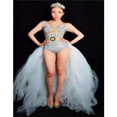 Fashion Sparkly Rhinestones White Mermaid jumpsuit women Birthday Celebrate Outfit Party Dance Female Singer Show lady bodysuit