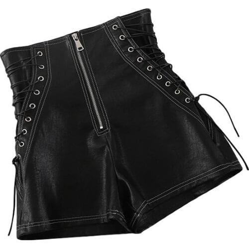 Idopy Fashion Womens PU Leather Sexy Shorts Side Lace Up Skinny Fit Night Club Short Pants Black Red Shorts For Women