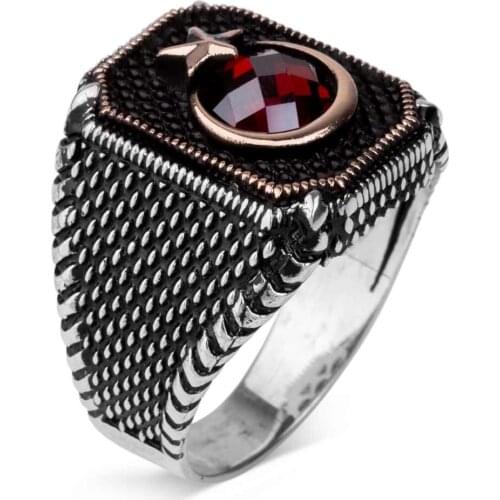 925 Sterling Silver Crescent Star Mens Ring with Red Zircon Stone Exclusive Ring for Men Zirconia Ring