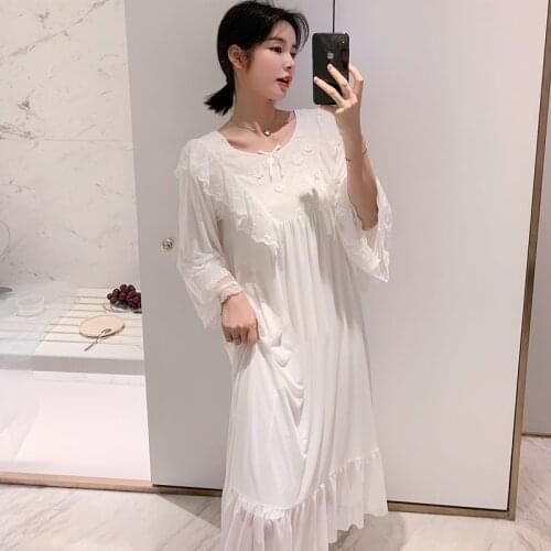 Nightgown Vintage White Long pijamas Women Night Gowns Princess Home Dress Cotton O-neck Home Wear Nightwear Palace Style Robe