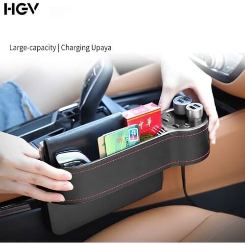 HGV Car Seat Gap Organizer Leather Car Seat Gap Filler with 2 USB Chargers 2 Lighters LED Digital Display Auto Storage Box