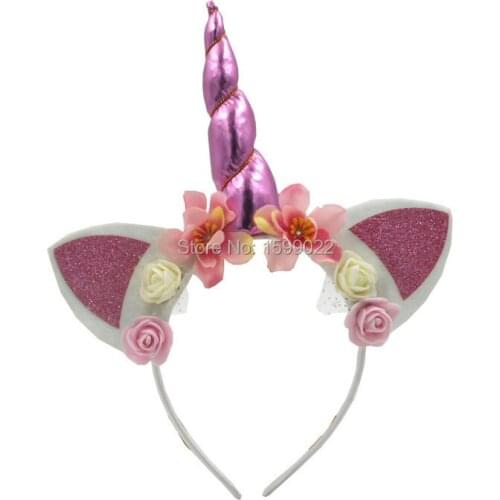 Handcrafted Unicorn Horn Headband Ears Pink Birthday Party Headdress Personalized Hair Accessories Children Horn Flower crown