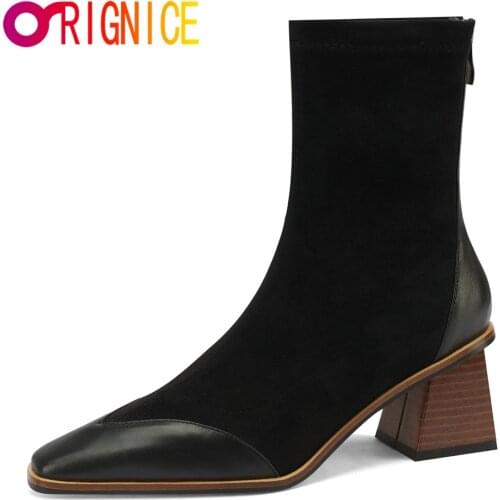 Orignice Cow Leather Faux Suede Patchwork Autumn Winter Ladies Zipper Square Toe Ankle Boots Low Heel Shoes Plus Size 34-43