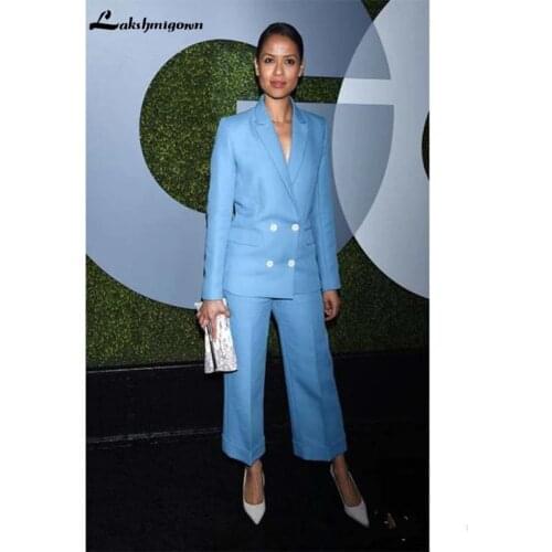 Women Ladies Formal Pant Suits Light Blue Mother of the Bride Evening Gowns mother bride pant suits Double Breast Wedding Guest