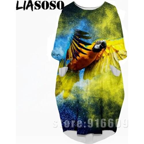 LIASOSO 3D Print Fashion Funny Suit Rock New Harajuku Animal Bird Parrot Women Anime Gown Lady Girl Party Long-sleeved Dress