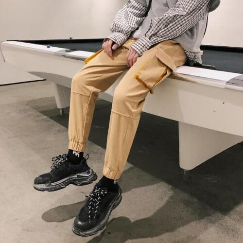 2021 Mens Cotton More Pocket Trousers Bound Feet Fashion Casual Pants Male Black/khaki Color Joggers Sweatpants Big Size M-5XL