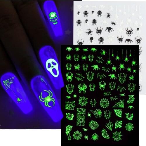 3D Glow In The Dark Stickers Halloween Nails Luminous Spider Web Sliders Skull Pumpkin Nail Design Manicure Decorations CHCY046