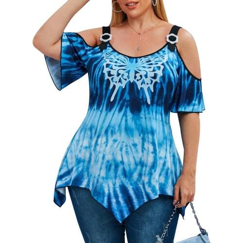 5XL Plus Size Off-shoulder Women Butterfly Print Casual Shirt Irregular Hem Hollow Out O Neck Top Elegant Blouse Ldies Tops D30