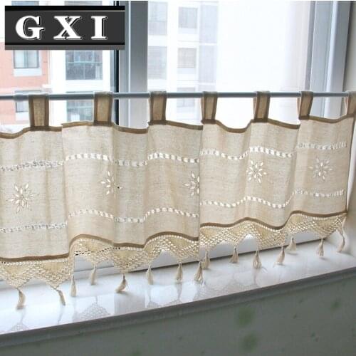 American Country Beige Hollow Crochet Half Curtain for Kitchen Cabinet Coffee Drapes Small Bay Window Tab Top Short Curtain