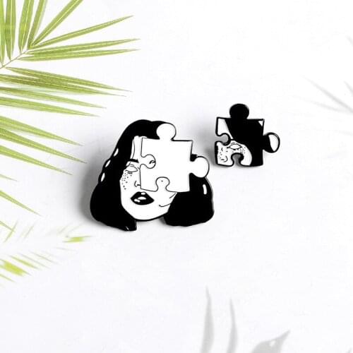 Woman face puzzle enamel brooch Punk black white no eyes freckles puzzle badge Creative personality decoration