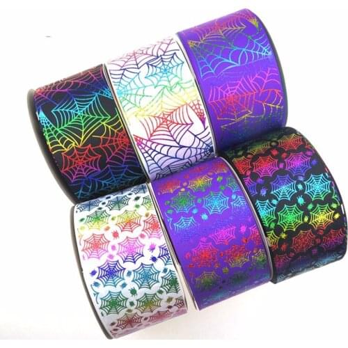 100Y/lot 75mm 3" holographic hologram foil spider web grosgrain ribbon for Halloween DIY handmade material welcome custom order
