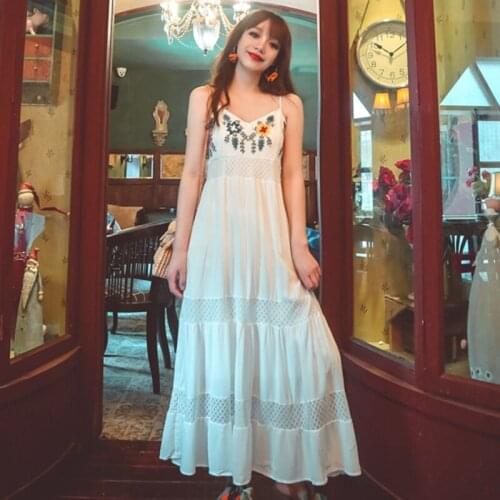 2020 summer new Bohemian tourism resort seaside beach long style dress retro embroidery sexy halter dress Korean version dress