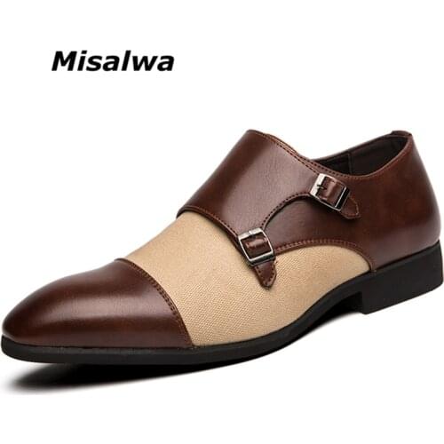 Misalwa Italian Monk-Strap Shoes Men Leather Pointed Toe Fashion Dress Shoes New Oxford Gentlman Daily Formal Footwear Big Size
