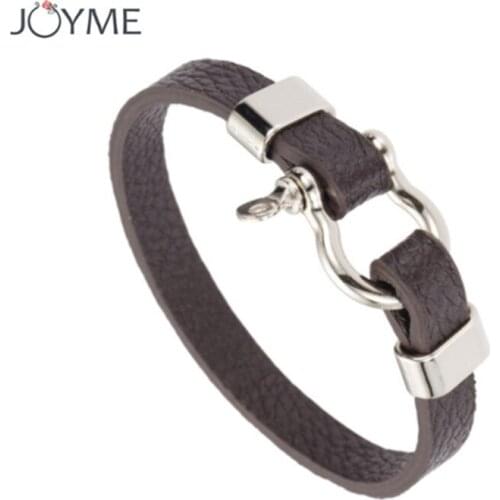 Fashion Stainless Steel U Horseshoe Clasp Men Bracelet Punk Brown Genuine Leather Bracelet & Bangles For Women Charm Jewelry