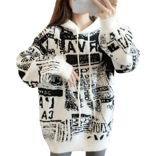 Fashion Black Letters Harajuku Medium Long Pullover For Women Sweatshirt New Loose Thicken Autumn Hooded Knitted Shirt Female