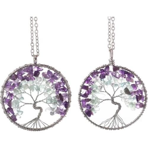 100% Handmade Wrapped Amethysts and Fluorite Chip Stone Purple Color Necklace Silvertone Fortune and Energy