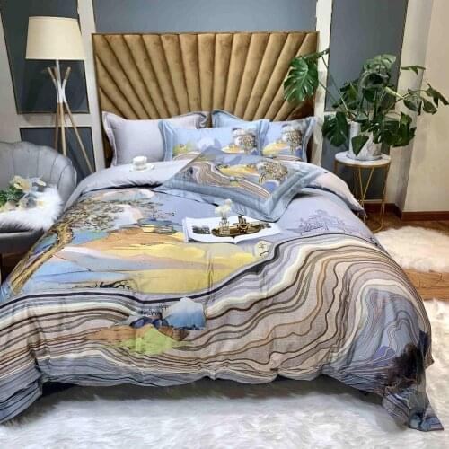 Luxurious Chinese Style, Printed Iandscape, Tree Pattern Bedding, Horse Animal Style, Bed Sheet, Duvet Set, Family Iarge 4-Piece