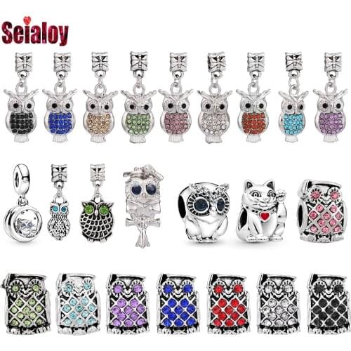 Seialoy Multicolor Owl Beads Charm Animal Pendant Shiny Silver Color Dangle Cat Beads Fit Couple Bracelets Jewelry Accessories