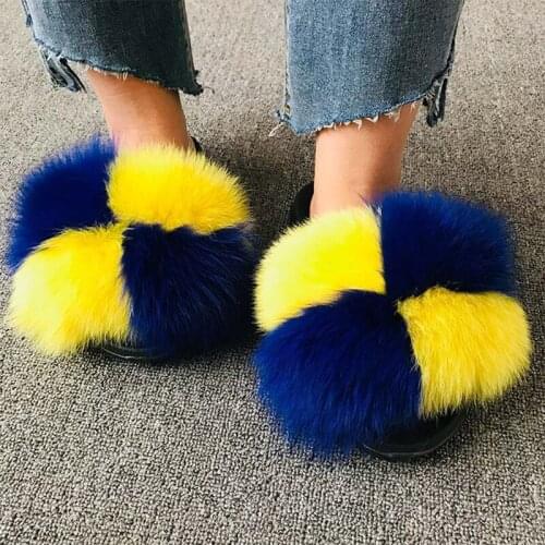 Women Slippers Home Soft Real Fur Slippers House Female Fox Fur Slides Ladies Indoor Fluffy Slippers Shoe Summer Flip Flops 2021