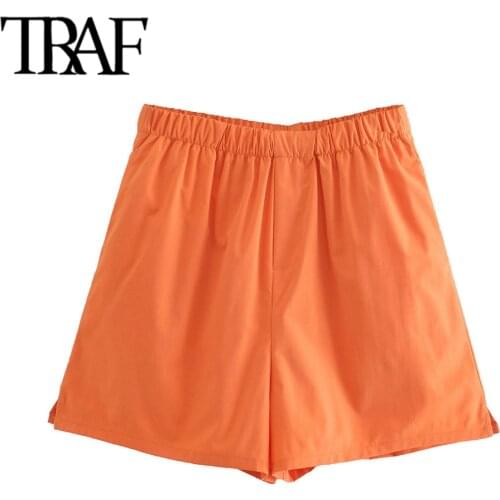 TRAF Women Chic Fashion Side Pockets Bermuda Shorts Vintage High Elastic Waist Female Short Pants Mujer
