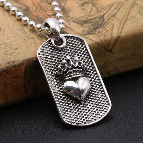 Solid 925 Sterling Thai Silver Pendant Crown Heart Dog Tag Mens Womens A5569