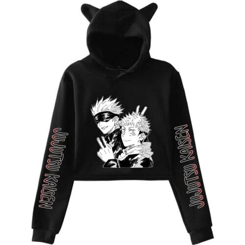 Jujutsu Kaisen Gojo Itadori Inumaki Toge Print Cat Cropped Girl Long Sleeve Hooded Pullover Crop Tops Sexy Loose Ins Tide Kpop