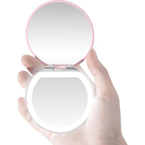 LED Mini Makeup Mirror Magnifying Lighted Hand Hold Foldable Sensing Round Pocket Cosmetic Mirror USB Chargeable Travel Portable