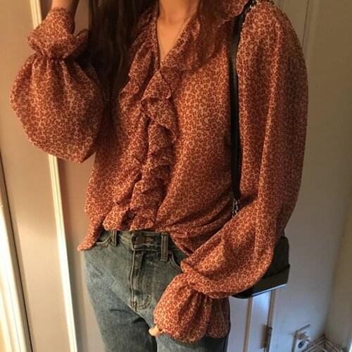 Print Floral V-neck Pullover Chiffon Blouses Flare Long Sleeve Ruffle Women Elegant Shirt Spring Korean Lady Blusas Tops