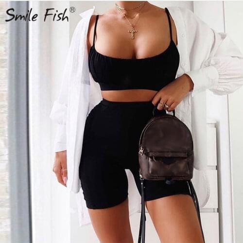 Sexy 2 Pieces Sets Ruched Spaghetti Strap Fitness Legging Solid Sporty Women Crop Top Shorts Suit Skinny Femme Tracksuit G1605