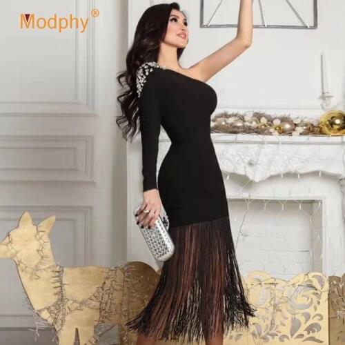 Womens Bandage Dress Celebrity Club Party Sexy One Shoulder Long Sleeve Beaded Fringe Mini Bodycon Dress Vestidos Winter 2020