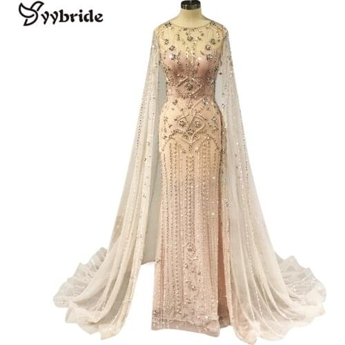 New Sexy Customized Mermaid Pink Crystals Beading Prom Dresses Sleeveless With Cloak Evening Dresses Vestido De Festa Longo