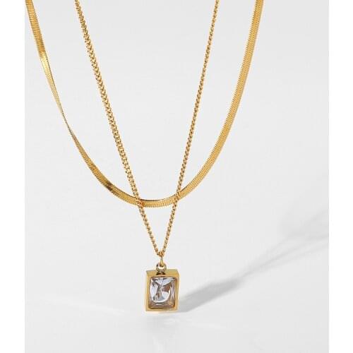 Women Stainless Steel Jewelry Double Layer 18K Gold Snake Chain Choker Mini Dainty Square Diamond Crystal Pendant Necklaces