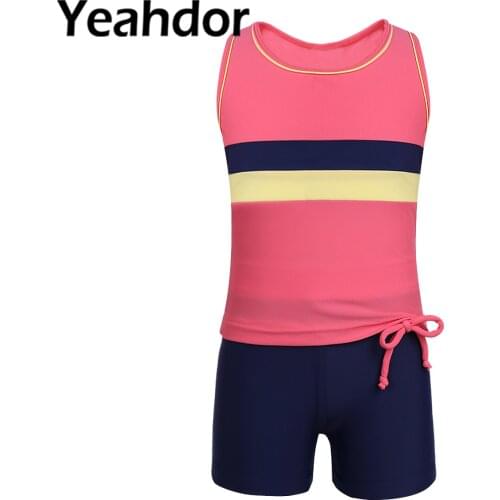 2021 Kids Girls Summer Tankini Set Two Pieces Swimwear Swimsuit Sleeveless Tops with Bottoms Children Beachwear Swimming Suit